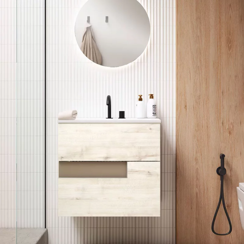 Ensemble meuble VISION + vasque céramique FLAT - 60cm Abedul/Tortora