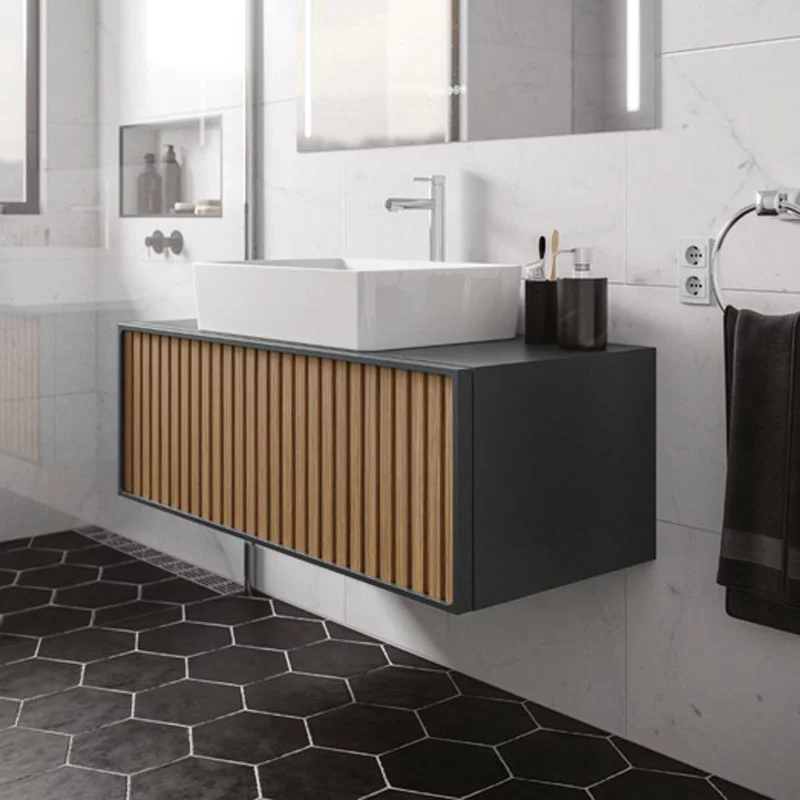 Ensemble meuble ORIENT 120cm Noir-teck + vasque céramique TUNDRA