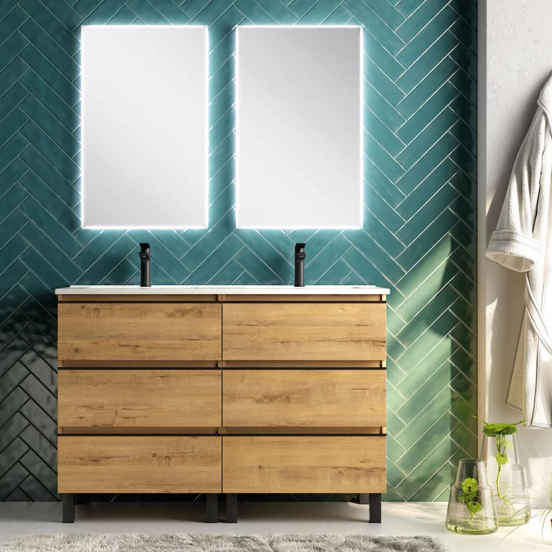 Ens. salle de bains Black Inglet sol 120cm 6 tiroirs Roble Ostipo